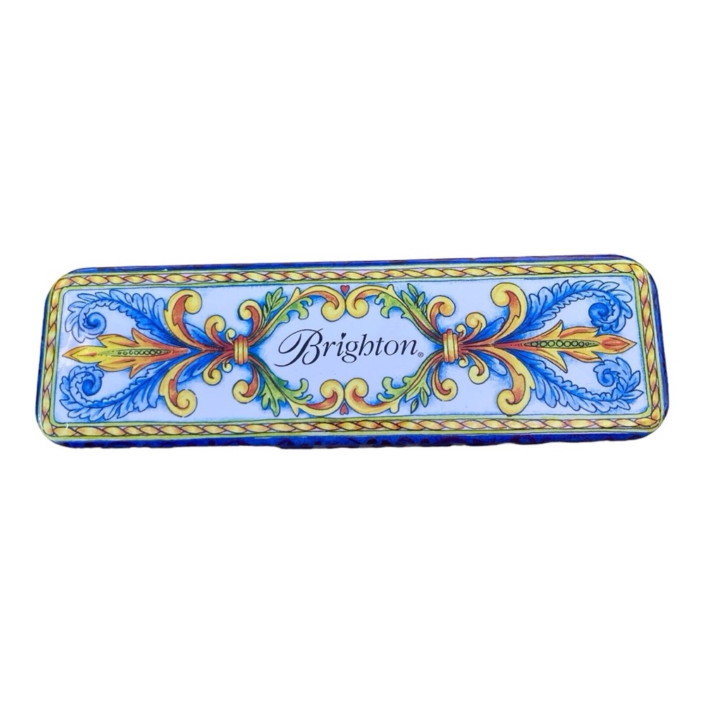 Brighton Tin Vintage Paisley Floral Blue White Gold 10”x 3”
